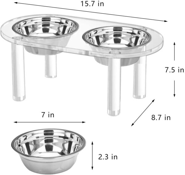 Elevated Acrylic Pet Feeder Stand With 2 Stainless Steel Cat and Dog Bowls - Image 2